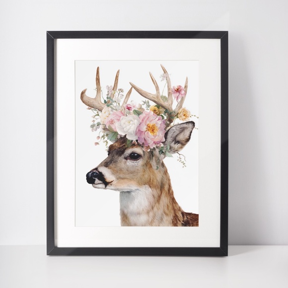 Watercolor Deer with Flower Wreath Illustration Wall Art Print Poster, Unframed - Picture 3 of 6
